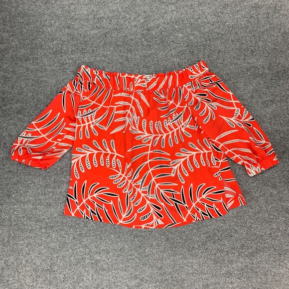 Halogen Off Shoulder Blouse Womens S Small Poppy Leaf Crop Top Mid Sleeve Shirt - Picture 6 of 8